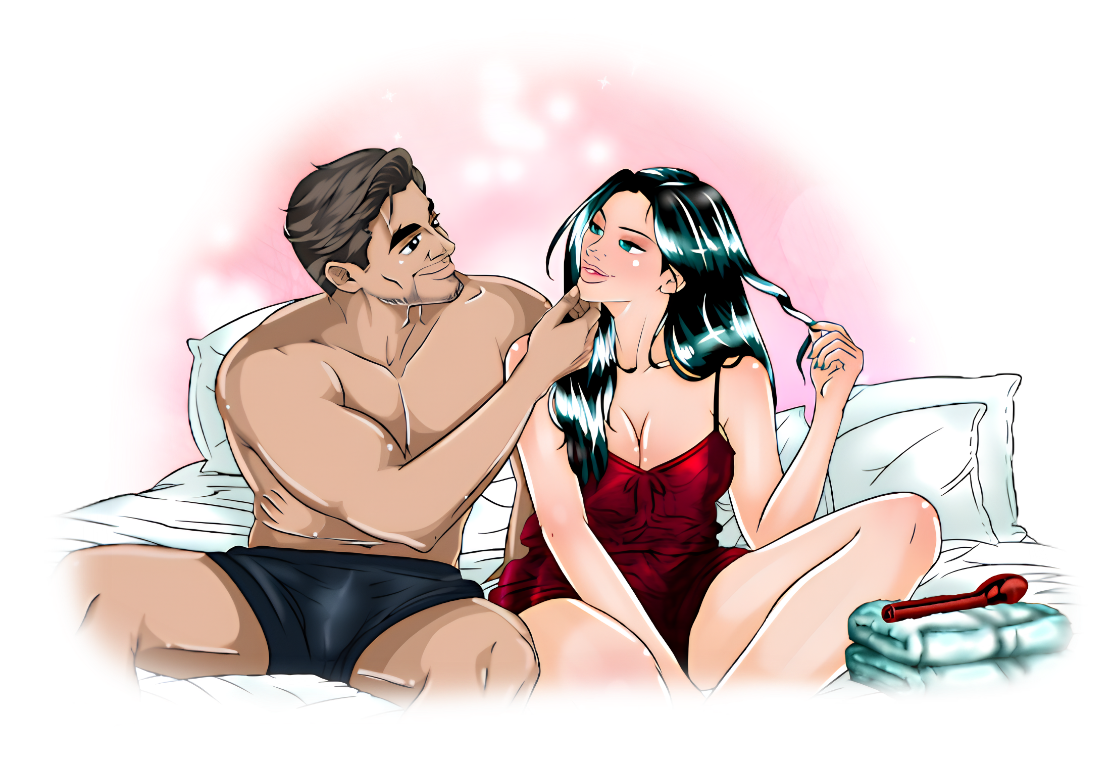 Marco and Ivy on bed discussing how many times can a woman squirt.