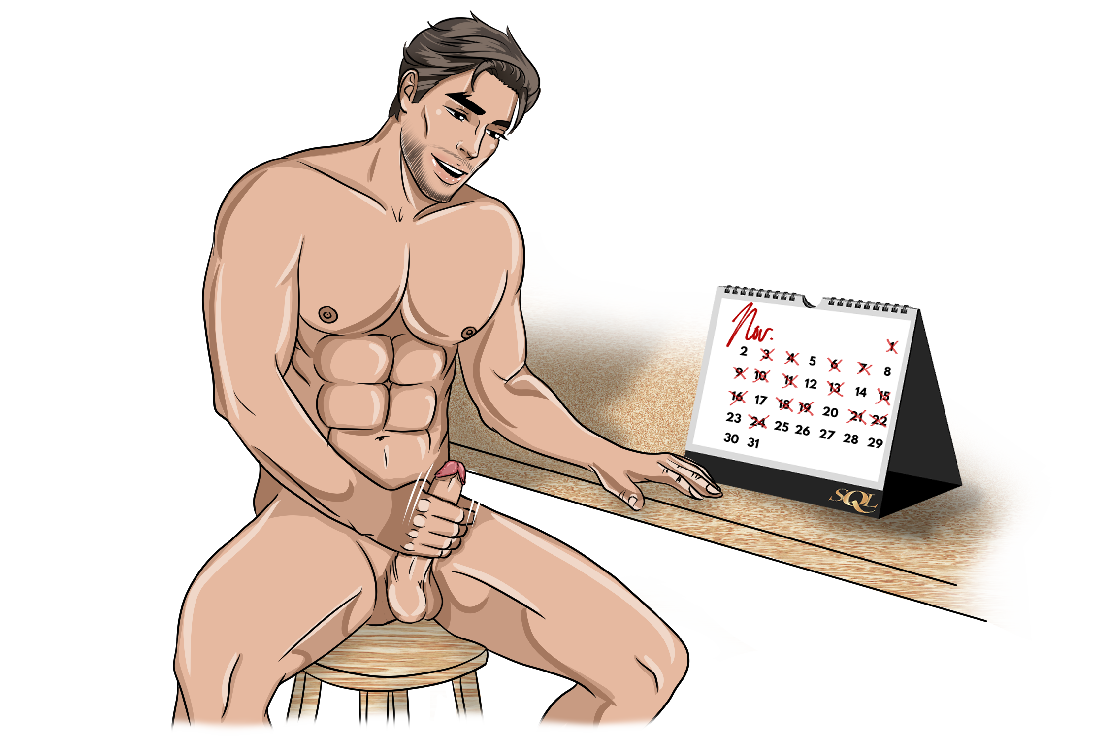 How Often Should You Masturbate Marco masturbating while checking a calendar, visually tracking how often to masturbate for optimal sexual health.