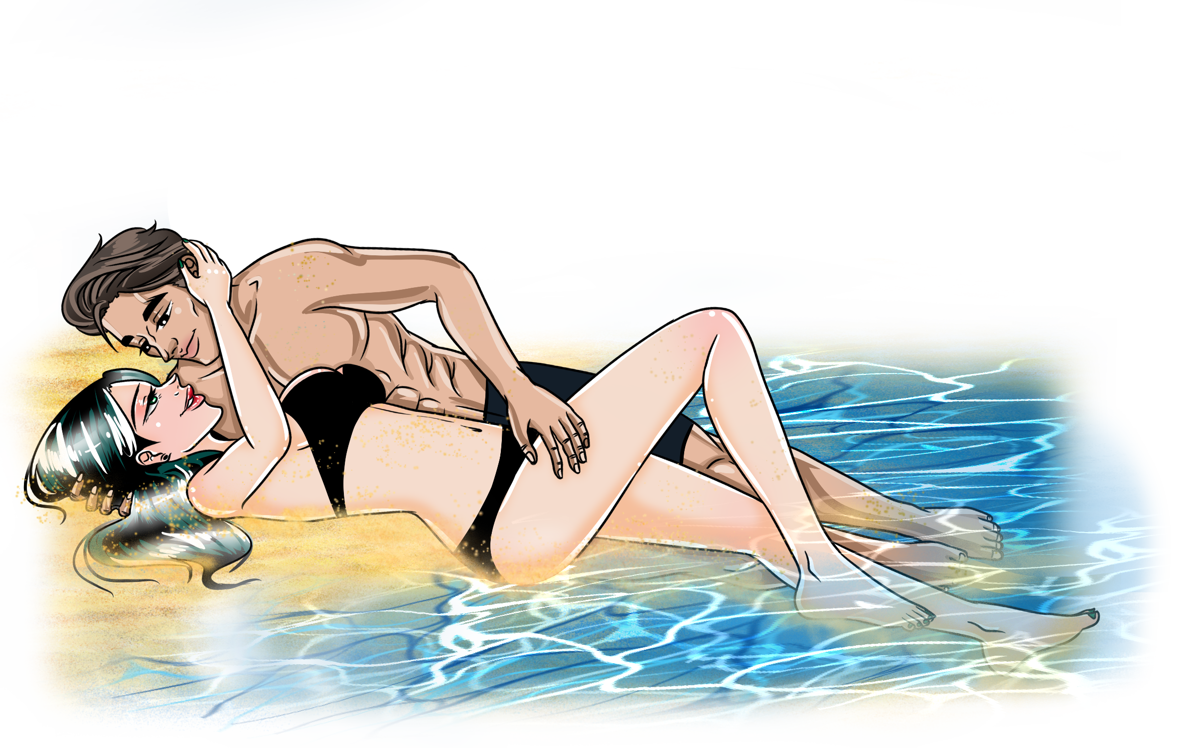 Marco and Ivy show how to be more sexually adventurous, kissing in shallow surf with playful beach foreplay and warm smiles.