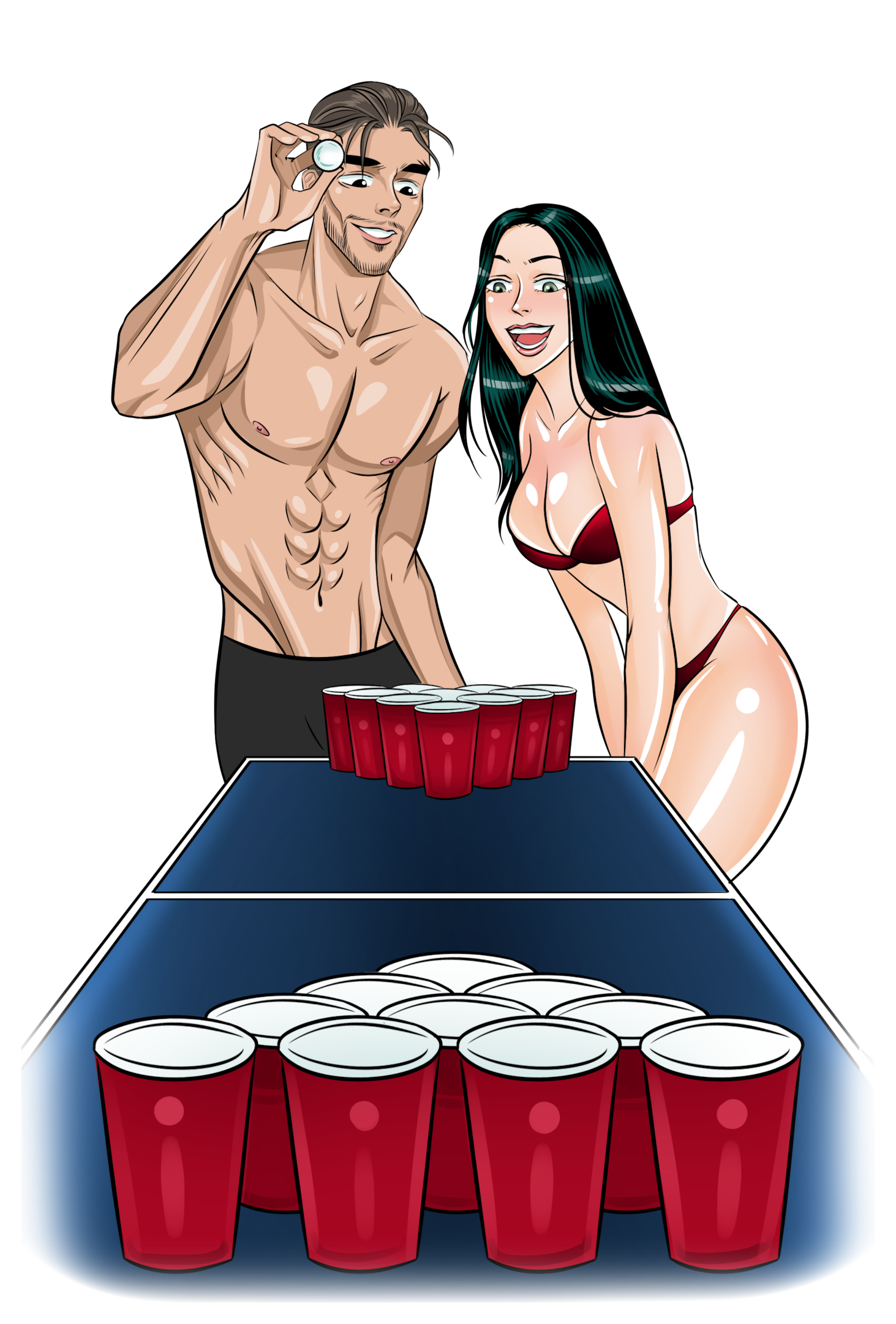 Marco and Ivy playing foreplay games with a ping pong cup challenge on a table.