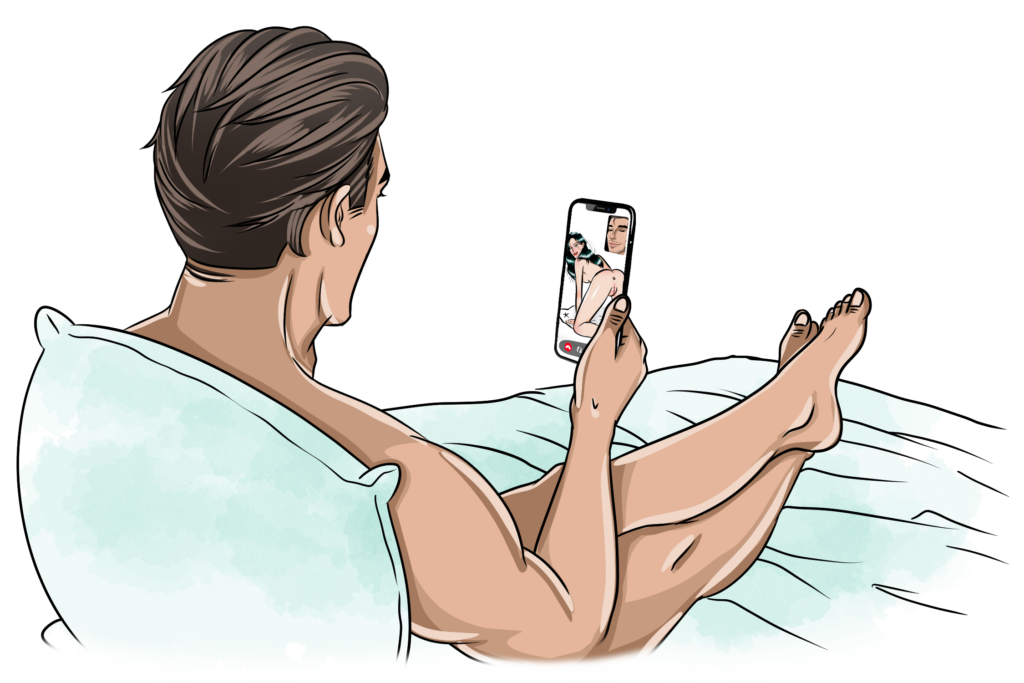 Marco relaxing in bed enjoying a phone sex video call while Ivy teases him playfully on screen