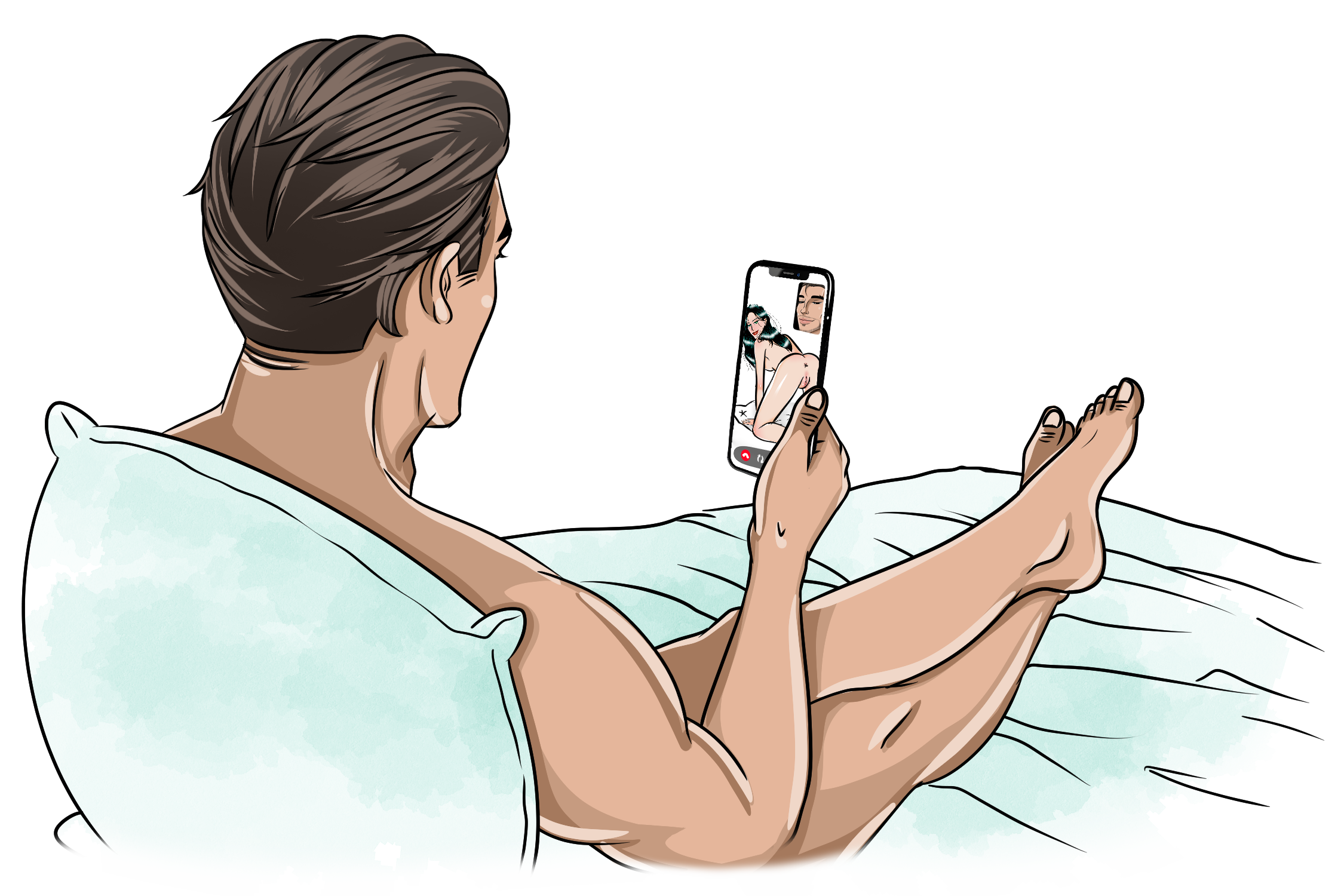 Marco relaxing in bed enjoying a phone sex video call while Ivy teases him playfully on screen