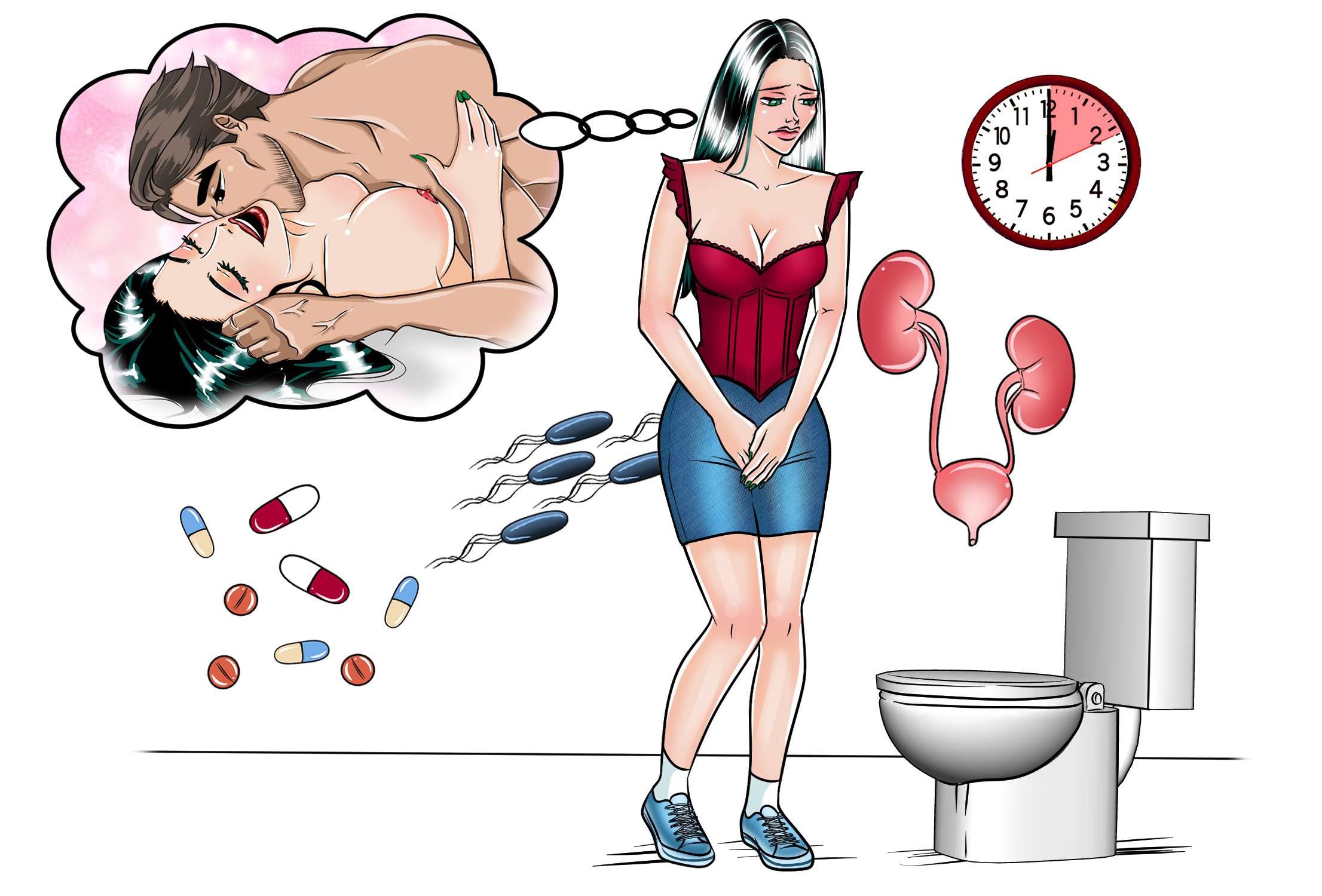 Ivy in pain after sex, with bladder, pills and toilet visuals, illustrating can sex cause uti