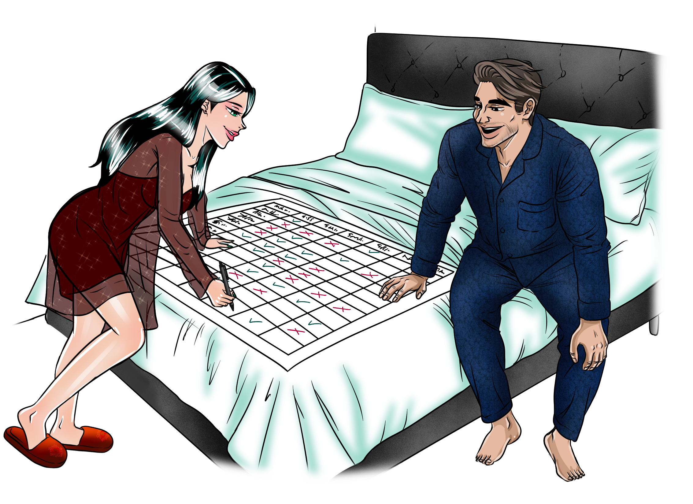 Marco and Ivy marking a calendar in bed tracking how often do married couples have sex