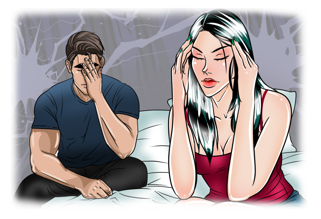 Marco and Ivy stressed in bed, showing how to cope with sexual frustration together.