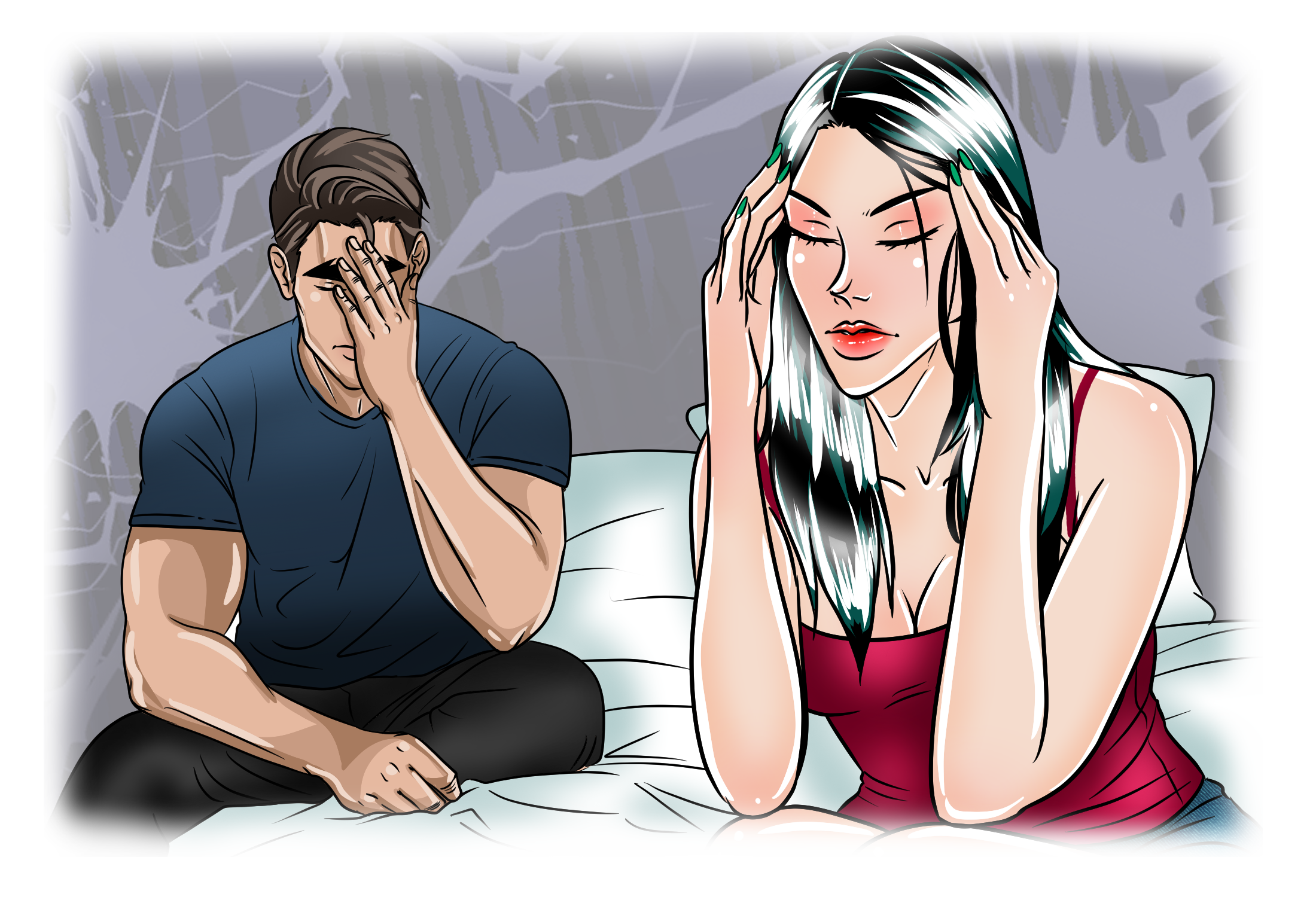 Marco and Ivy stressed in bed, showing how to cope with sexual frustration together.