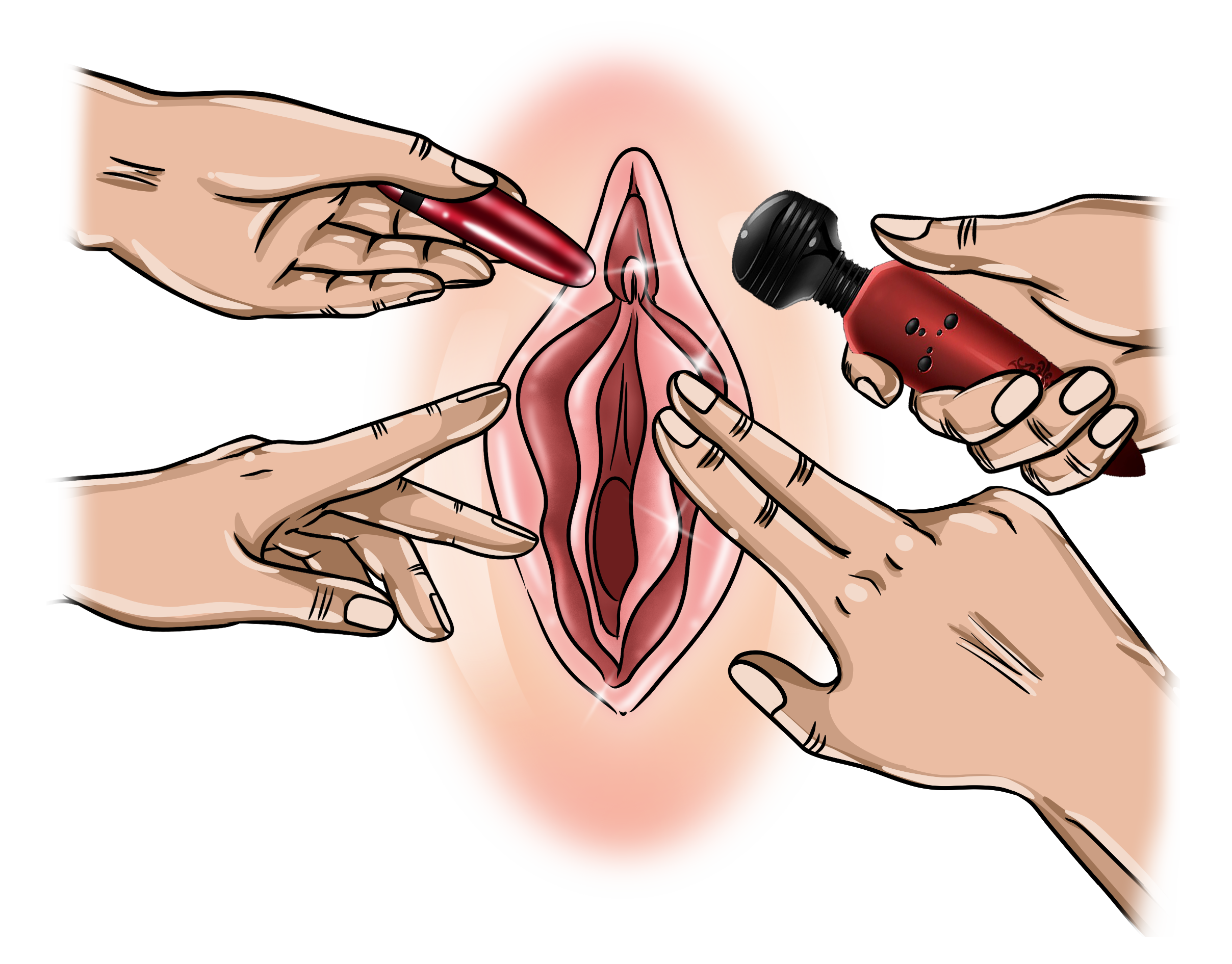 Various clit massage methods using fingers and vibrators to stimulate the clitoris for pleasure.