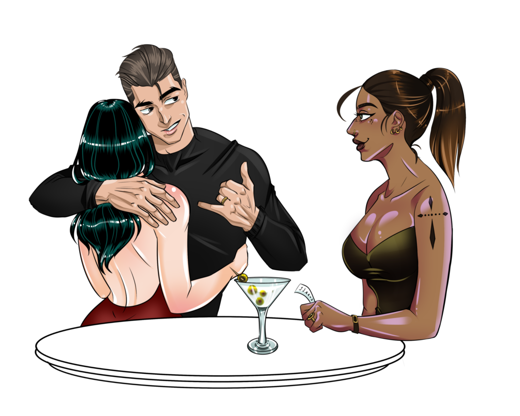 Marco hugging Ivy while flirting with another woman, showing a breach in rebuilding trust after infidelity.