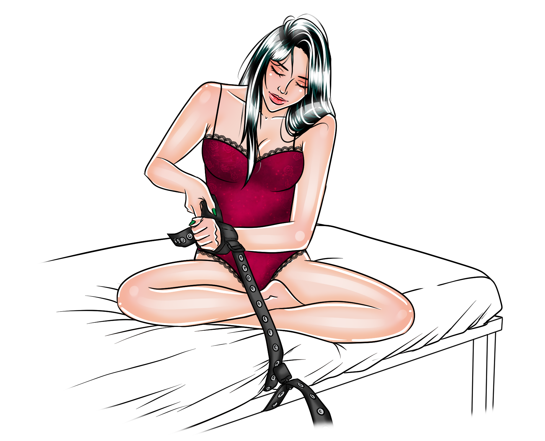 Ivy sitting cross-legged in lingerie practicing self bondage, tightening a leather strap around her ankle