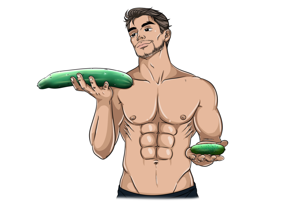 Marco holding cucumbers as examples of household items that can be used as a DIY dildo.