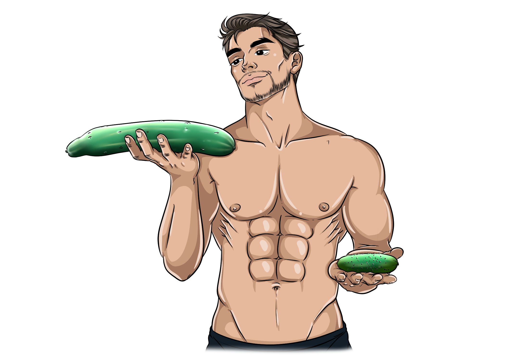 Marco holding cucumbers as examples of household items that can be used as a DIY dildo.