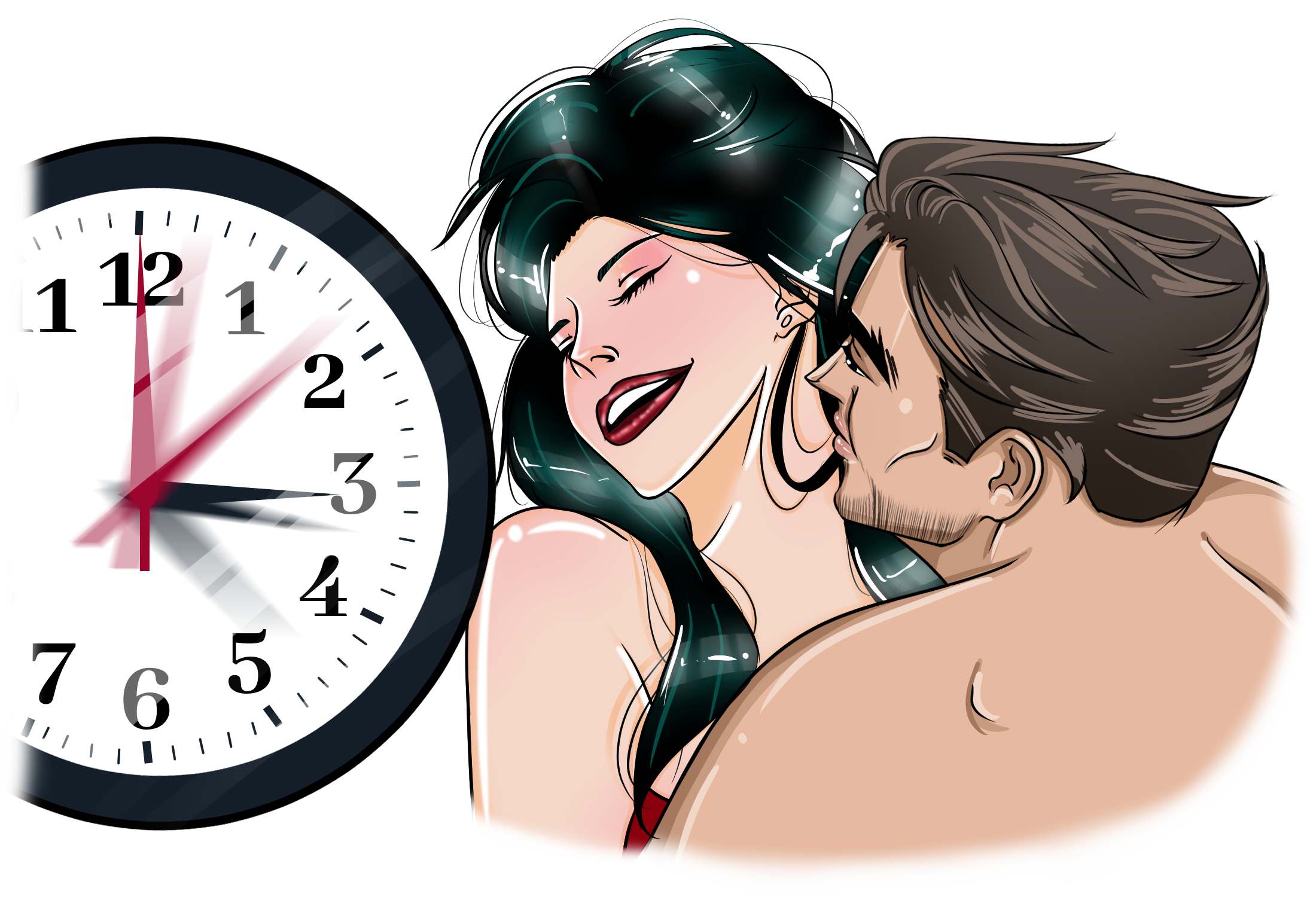 How Long Does It Take A Woman To Orgasm Ivy and Marco embracing beside a clock, highlighting how long does it take a woman to orgasm.
