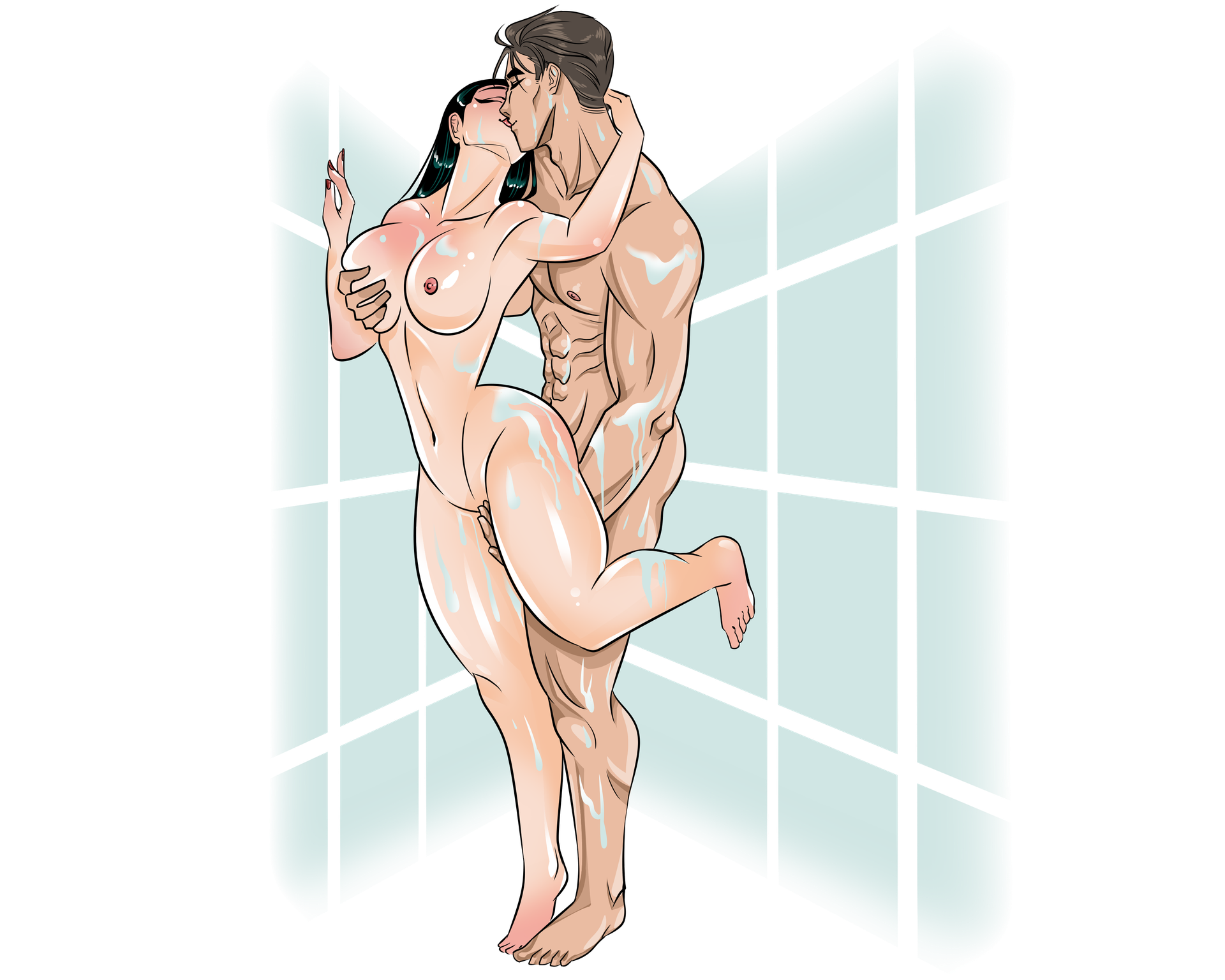 Position #9 – Standing (Quick Position Changes) Marco stands behind Ivy as she raises one leg in the standing position illustration for G-spot massage.