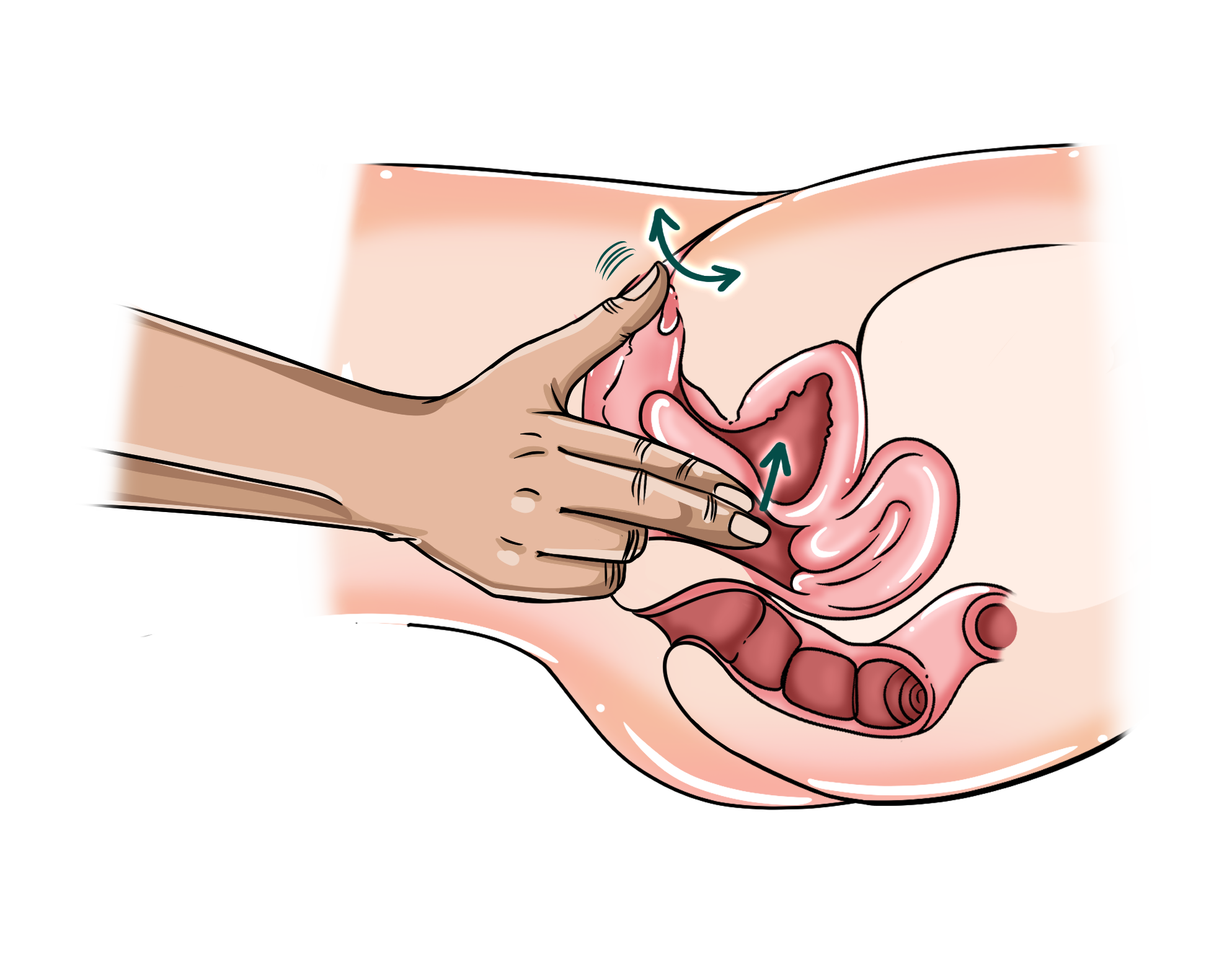 Technique #12 – Pistol G-spot massage diagram showing fingers inside the vagina and the same hand's thumb touching the clitoris.