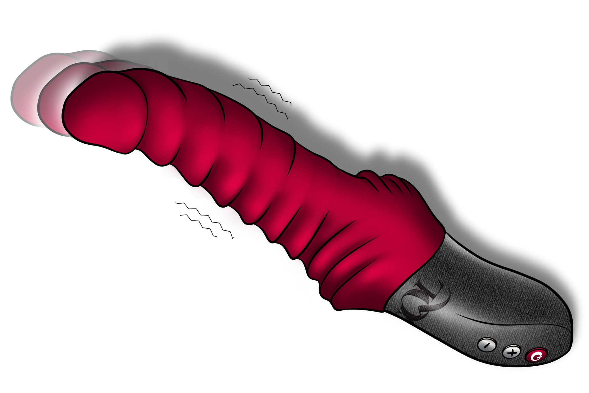 Toy #1 – Dildo Red textured vibrating dildo with a black control handle for G-spot massage.