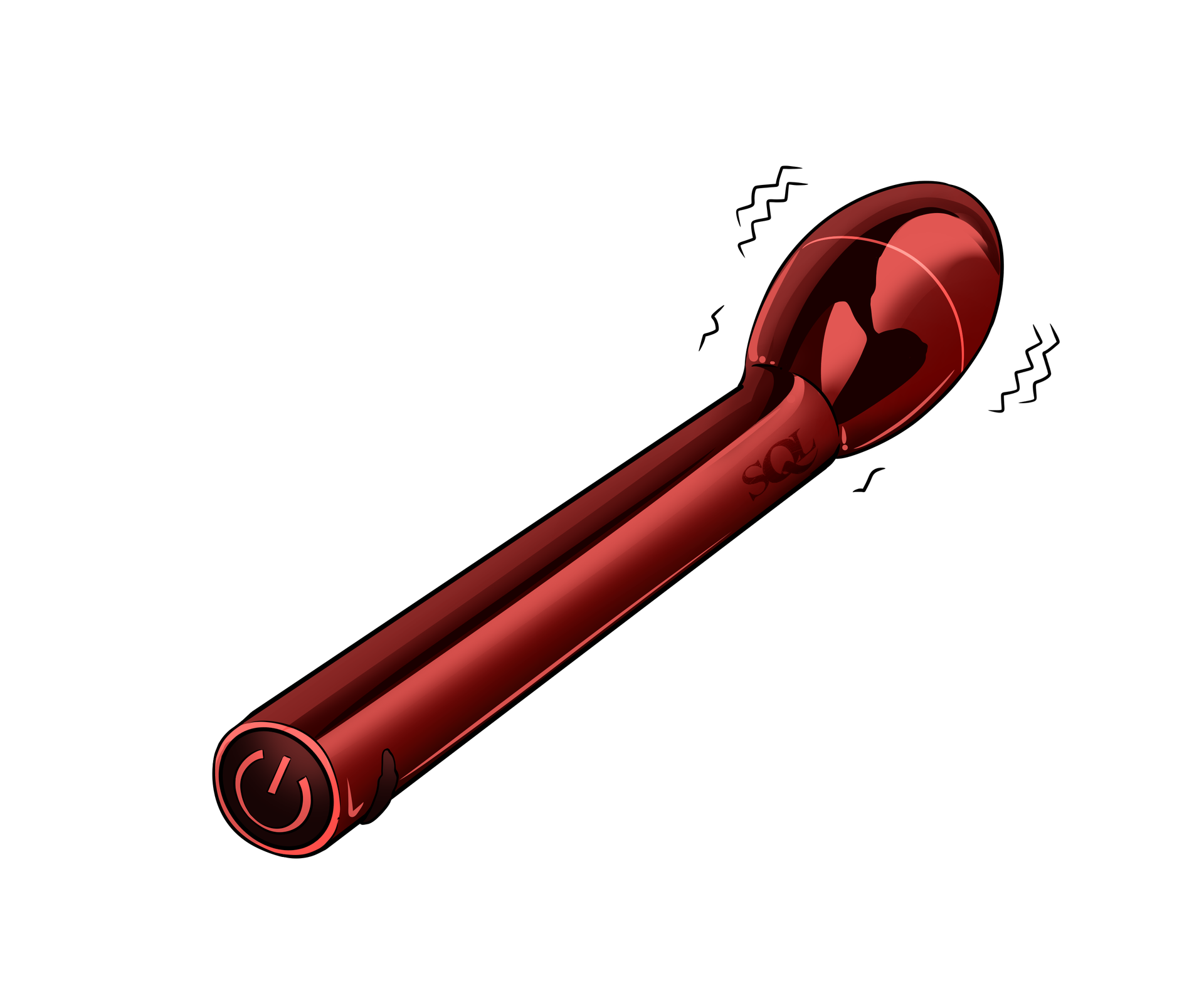 Toy #2 – G-Spot Vibrator Red vibrator with a rounded head and vibration lines, shown as a G-spot massage toy.